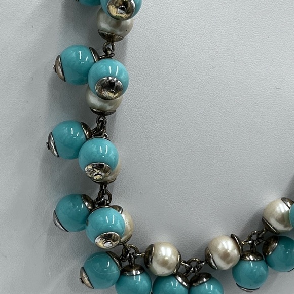 J. Crew Funfetti Aqua Faux Pearl Turquoise Beaded Bauble Cluster Bib Necklace - Picture 2 of 16